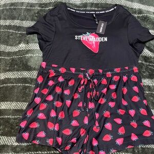 Steve Madden Black Pajama Set with Red Strawberry Print